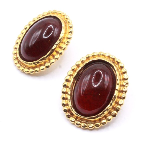 Edouard Rambaud Paris French Couture Deep Red Poured Glass Cabochon Earrings - Picture 3 of 6